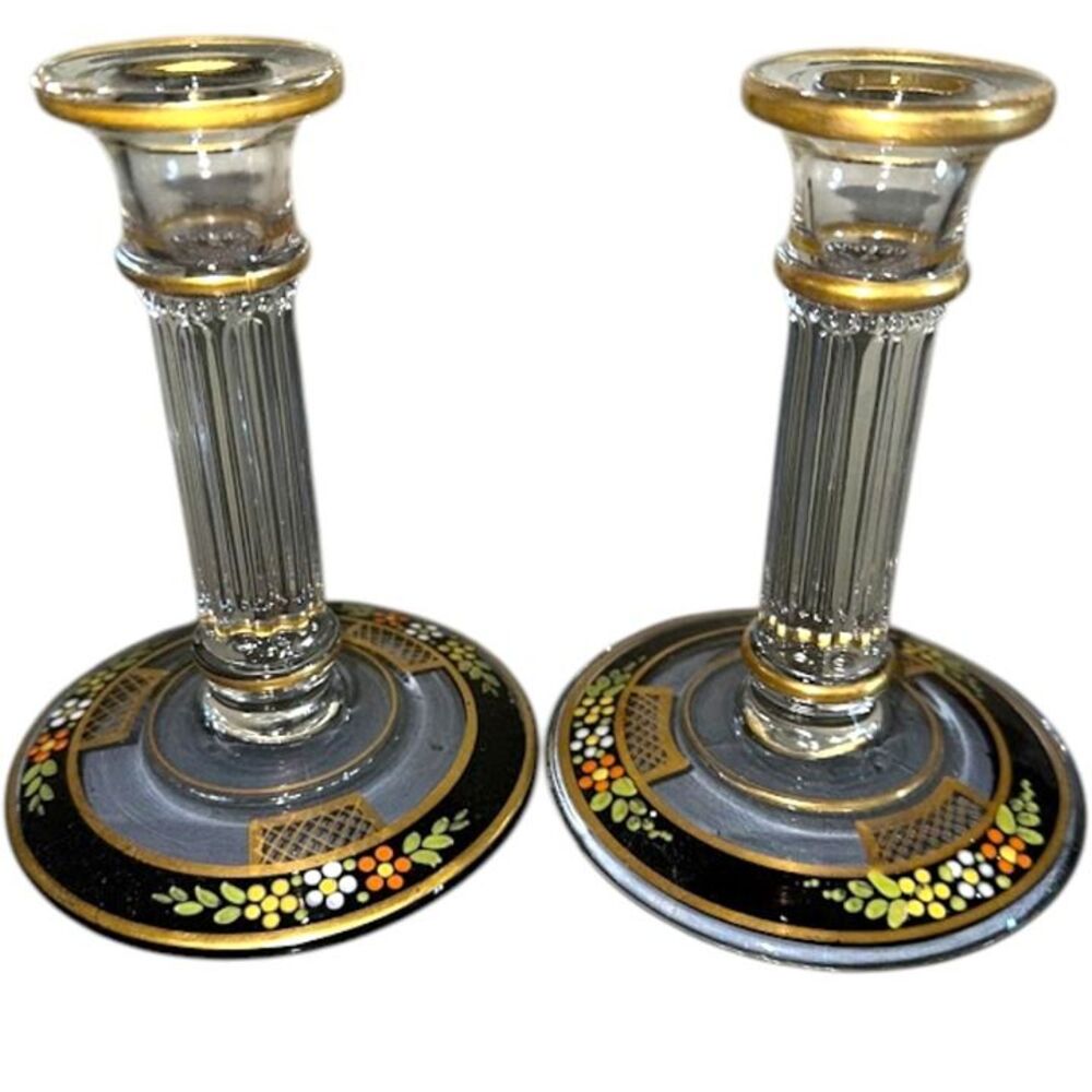 Vintage Art Deco Black/Gold Hand Painted Flower Westmoreland Candlestick Holders